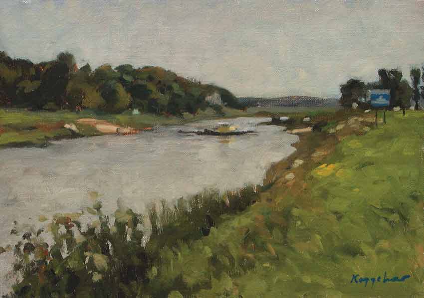 landscape: 'Ferry near Meeswijk' oil on canvas marouflé by Dutch painter Frans Koppelaar.