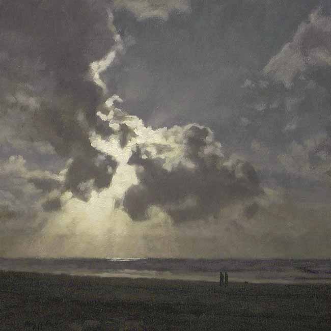 landschap: 'Zonsondergang aan zee' olieverf op linnen door kunstschilder Frans Koppelaar.