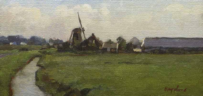 kunstwerk: 'Landschap bij Lisse' olieverf op linnen marouflé door kunstschilder Frans Koppelaar.