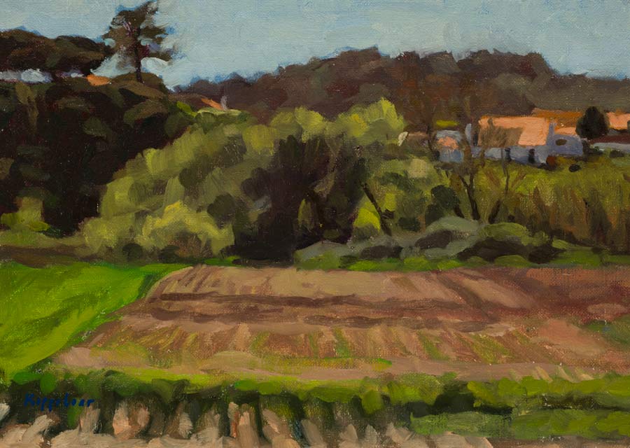 landschap: 'Akkers bij Alfarim, Portugal' olieverf op linnen marouflé door kunstschilder Frans Koppelaar.