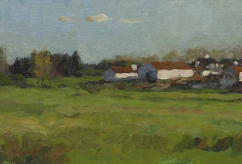 landschap: 'Boerderij, Portugal' olieverf op linnen marouflé door kunstschilder Frans Koppelaar.