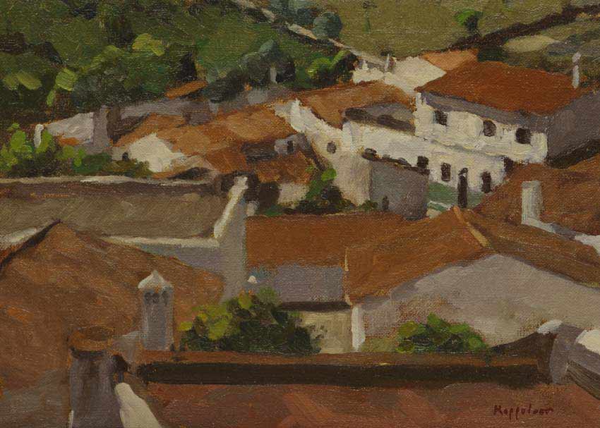 landschap: 'Daken van Martim Longo, Portugal' olieverf op linnen marouflé door kunstschilder Frans Koppelaar.