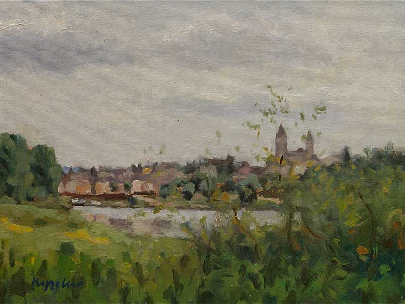 landschap: 'Gezicht op Tournus, Frankrijk' olieverf op doek marouflé door kunstschilder Frans Koppelaar.