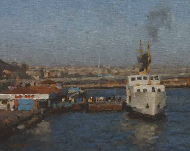 landscape: 'Ferry dock Eminönü, Istanbul' oil on canvas by Dutch painter Frans Koppelaar.
