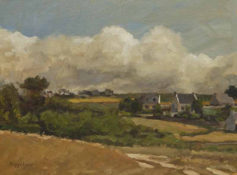 kunstwerk: 'Bretons Landschap' olieverf op doek marouflé door kunstschilder Frans Koppelaar.
