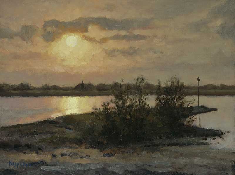 landschap: 'Zonsondergang bij Dreumel' olieverf op doek marouflé door kunstschilder Frans Koppelaar.