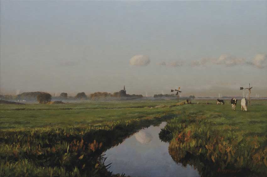 landschap: 'Zomerochtend' tempera en olieverf op linnen door kunstschilder Frans Koppelaar.