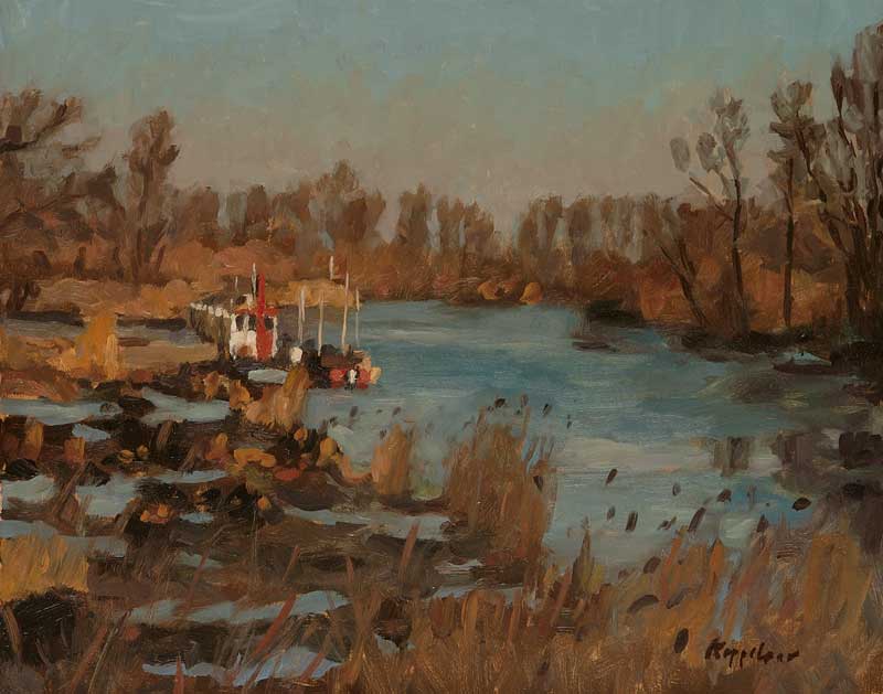 landscape: 'Construction Harbor' oil on canvas by Dutch painter Frans Koppelaar.