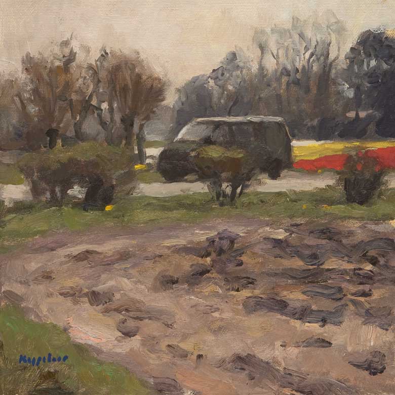 landschap: 'Bestelbus bij Bloembollenveld' olieverf op doek door kunstschilder Frans Koppelaar.