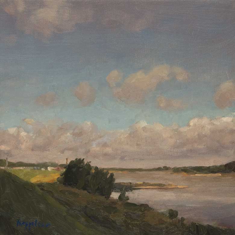 landschap: 'Ochtend aan de Waal' olieverf op doek door kunstschilder Frans Koppelaar.