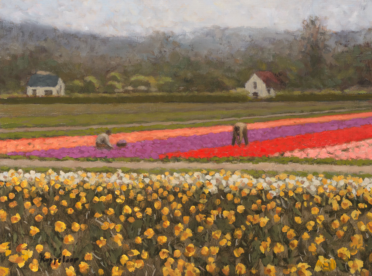 landschap: 'Bollenvelden aan duinrand' olieverf op paneel door kunstschilder Frans Koppelaar.
