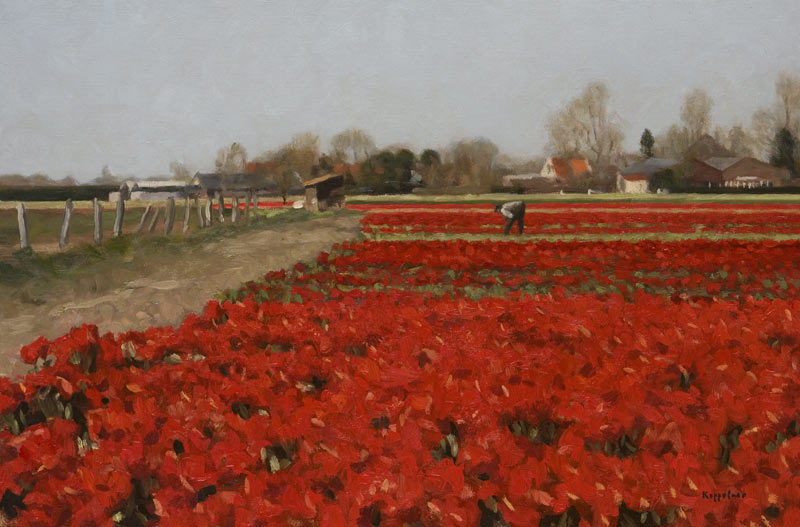 landscape: 'Tulipfield' oil on canvas by Dutch painter Frans Koppelaar.