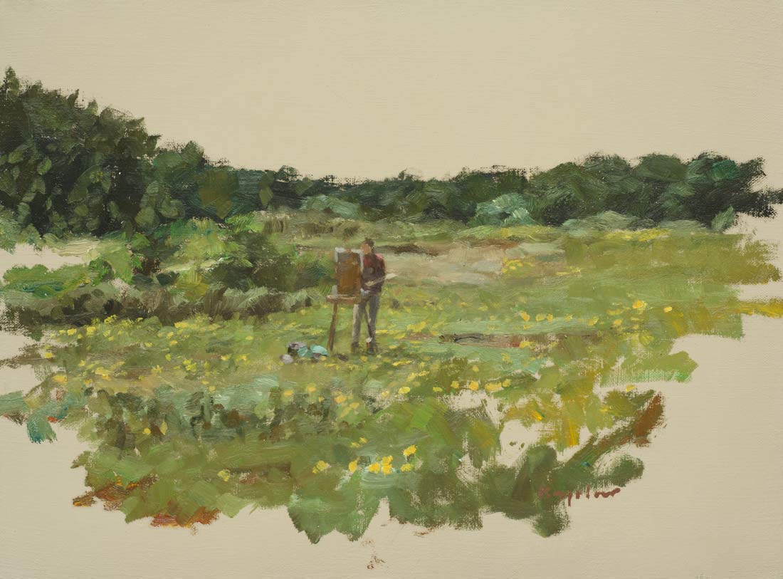 landschap: 'MP schilderend in de duinen bij Wassenaar' olieverf op doek door kunstschilder Frans Koppelaar.