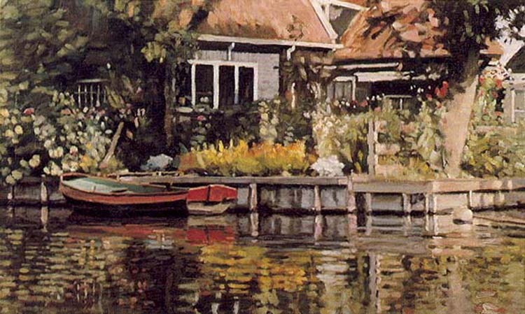 kunstwerk: 'Tuin aan het water, Edam' olieverf op linnen door kunstschilder Frans Koppelaar.