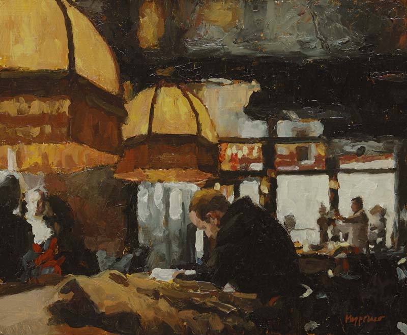 kunstwerk: 'Café 'De Eland'' olieverf op paneel door kunstschilder Frans Koppelaar.