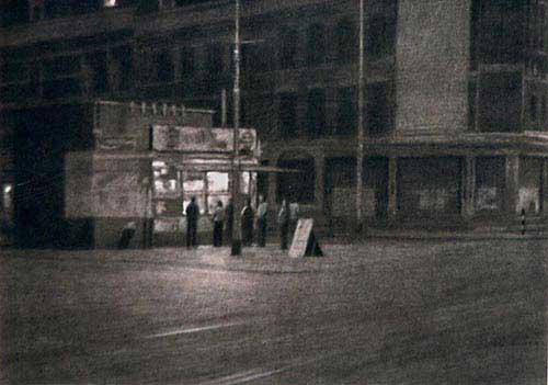 drawing: 'Snack Stand, Rotterdam' black crayon and bodywhite on colored paper by Dutch painter Frans Koppelaar.
