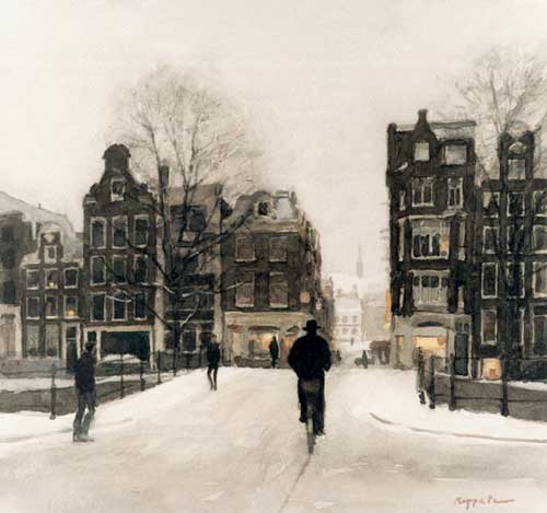 kunstwerk: 'Herengracht Amsterdam, Winter' aquarel door kunstschilder Frans Koppelaar.