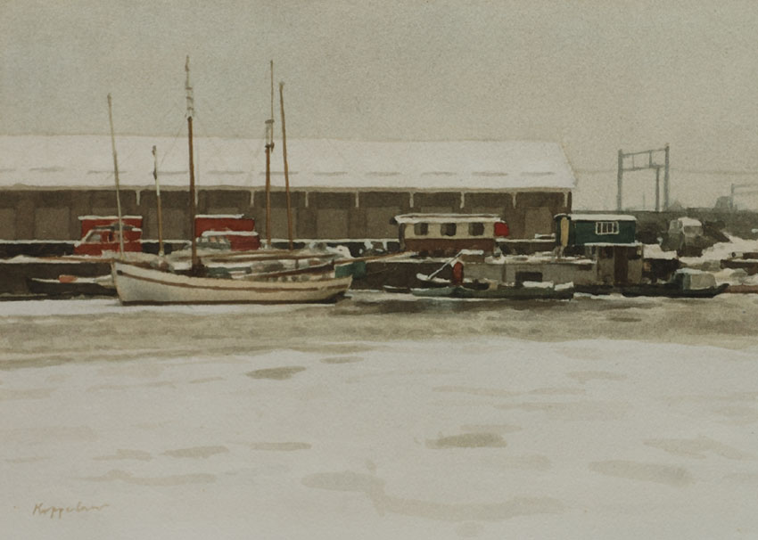 kunstwerk: 'Westerdok, winter' aquarel door kunstschilder Frans Koppelaar.