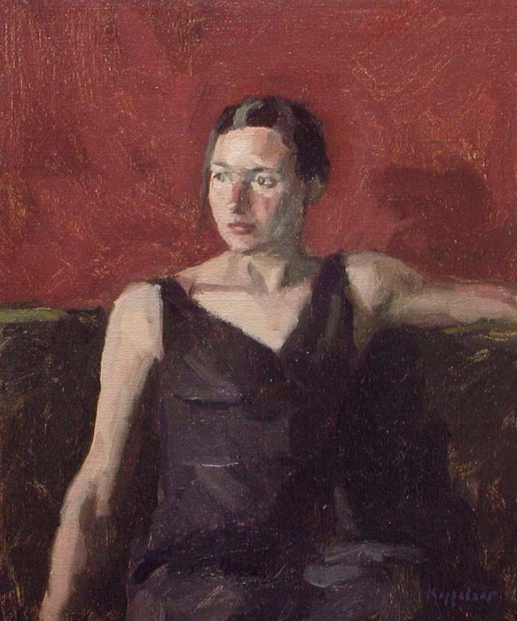 portret: 'Tuesday in zwarte jurk' olieverf op linnen marouflé door kunstschilder Frans Koppelaar.