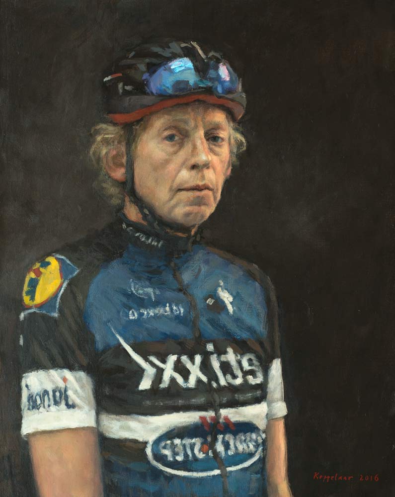 art work: 'Self portrait as a road cyclist' oil on canvas by Dutch painter Frans Koppelaar.