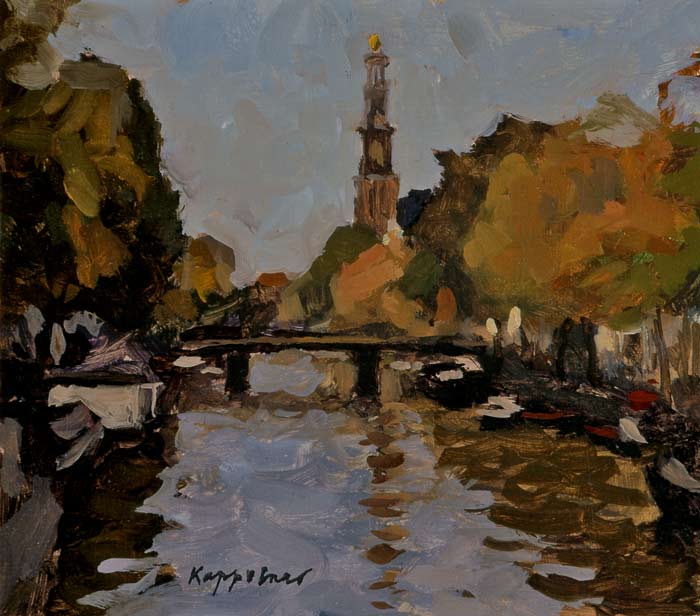 stadsgezicht: 'Prinsengracht met Westertoren' olieverf op paneel door kunstschilder Frans Koppelaar.