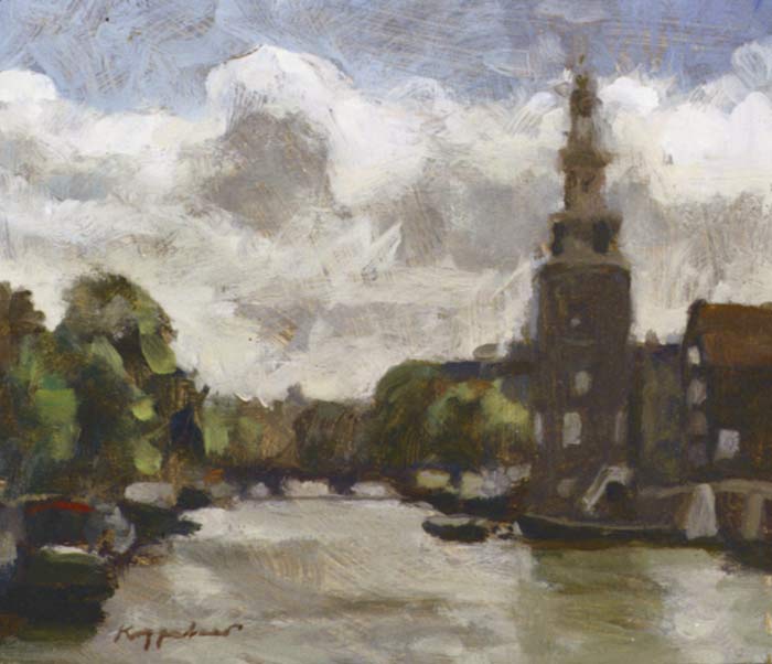 stadsgezicht: 'Tegenlicht, Oude Schans' olieverf op paneel door kunstschilder Frans Koppelaar.