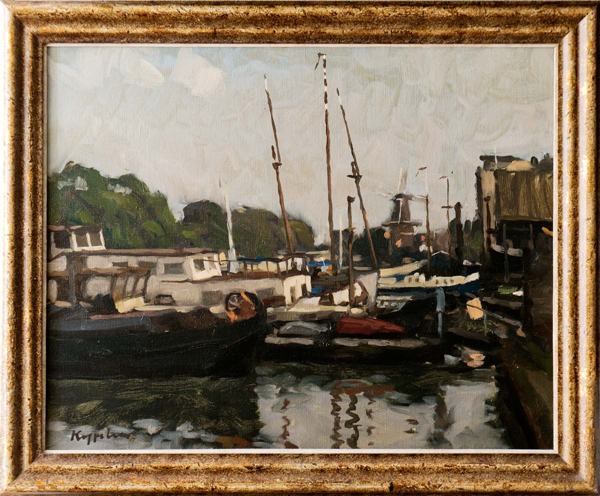 cityscape: ''Nieuwe Vaart', Old Ships' oil on canvas by Dutch painter Frans Koppelaar.