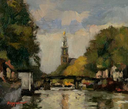 cityscape: 'Amsterdam Canal Prinsengracht autumn' oil on panel by Dutch painter Frans Koppelaar.