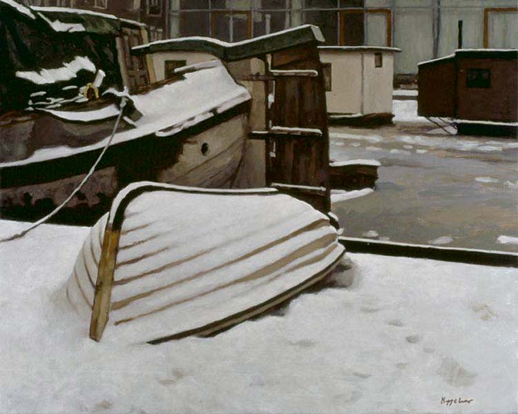cityscape: 'Bickersgracht, winter' oil on canvas by Dutch painter Frans Koppelaar.