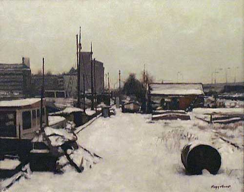 cityscape: 'Westerdoksdijk in winter' oil on canvas by Dutch painter Frans Koppelaar.