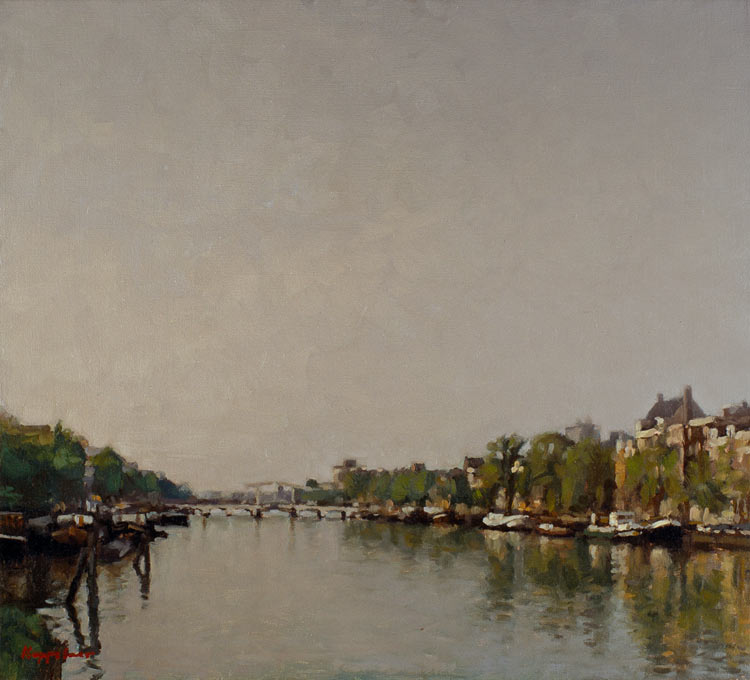 cityscape: 'River Amstel on a summer morning' oil on canvas by Dutch painter Frans Koppelaar.