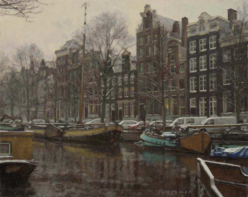 stadsgezicht: 'Keizersgracht, winter -1-' olieverf op linnen door kunstschilder Frans Koppelaar.