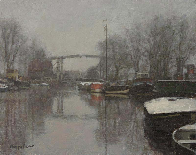 cityscape: 'Realengracht Canal on a Winter Morning' oil on canvas by Dutch painter Frans Koppelaar.
