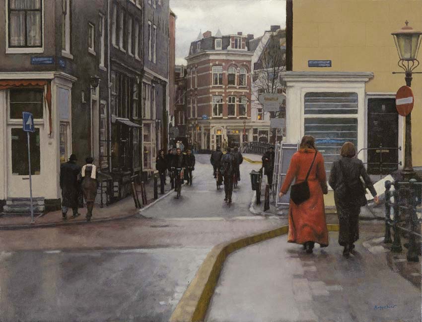 cityscape: 'Wijde Heisteeg' oil on canvas by Dutch painter Frans Koppelaar.