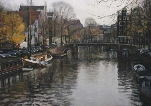 cityscape: 'Brouwersgracht Canal in Autumn, Amsterdam' oil on canvas by Dutch painter Frans Koppelaar.