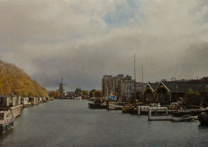 cityscape: 'Nieuwe Vaart, autumn' oil on canvas by Dutch painter Frans Koppelaar.