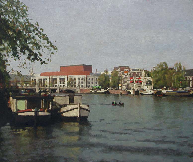 cityscape: 'Boatride on river Amstel' oil on canvas by Dutch painter Frans Koppelaar.