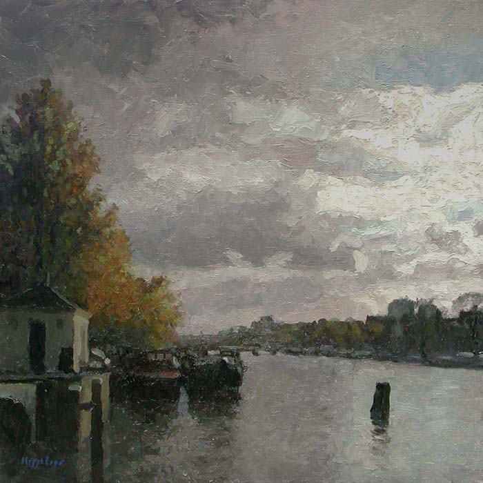 cityscape: 'Turbulent autumn at river Amstel' oil on canvas by Dutch painter Frans Koppelaar.
