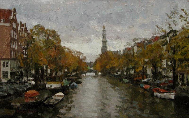 cityscape: 'Prinsengracht Canal in Autumn' oil on canvas marouflée by Dutch painter Frans Koppelaar.