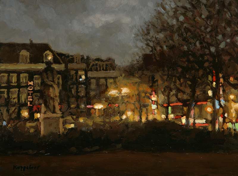 stadsgezicht: 'Rembrandtplein bij avond' olieverf op paneel door kunstschilder Frans Koppelaar.