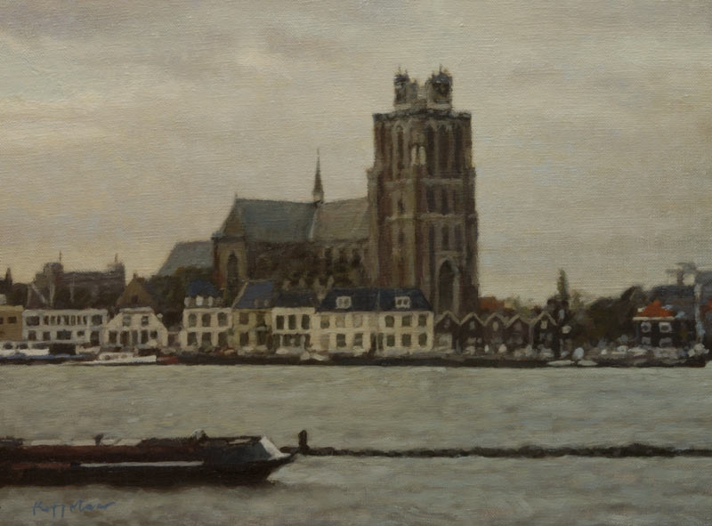 stadsgezicht: 'Gezicht Op Dordrecht' olieverf op doek door kunstschilder Frans Koppelaar.