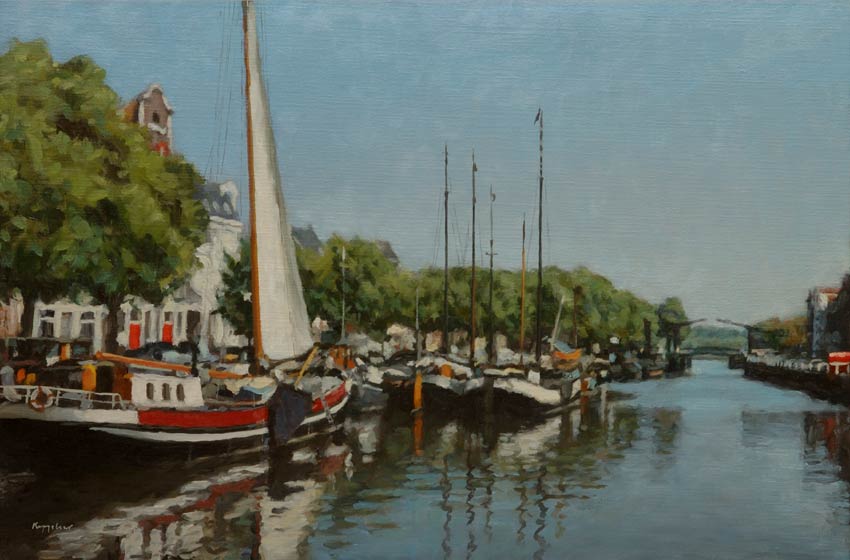 stadsgezicht: 'Wolwevershaven, Dordrecht (2)' olieverf op linnen door kunstschilder Frans Koppelaar.