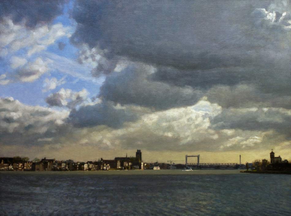 stadsgezicht: 'Opklaring bij Dordrecht' olieverf op linnen door kunstschilder Frans Koppelaar.