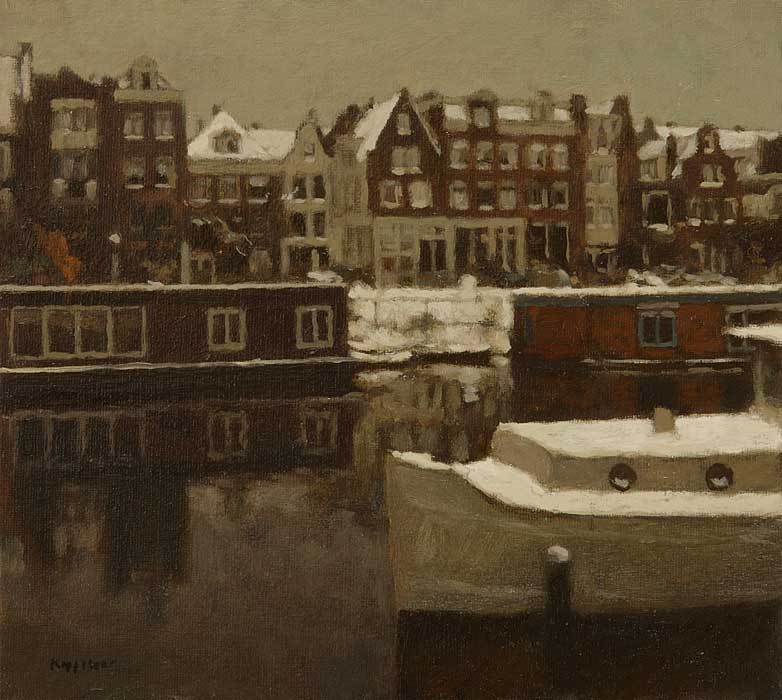 cityscape: 'Bickersgracht in Winter' oil on canvas by Dutch painter Frans Koppelaar.