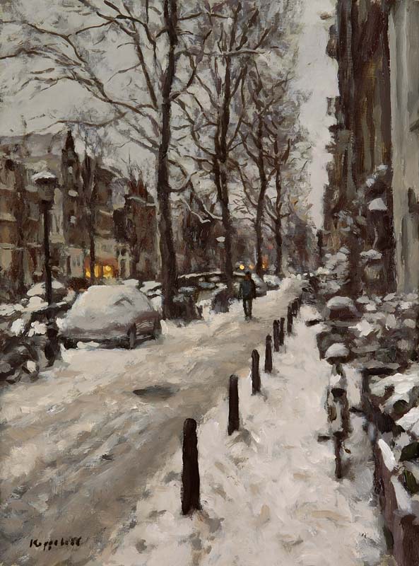 stadsgezicht: 'Gracht in de Sneeuw' olieverf op paneel door kunstschilder Frans Koppelaar.