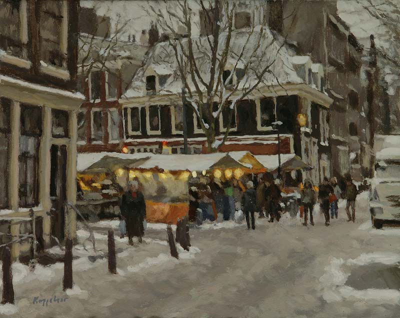stadsgezicht: 'Wintermarkt' olieverf op doek door kunstschilder Frans Koppelaar.
