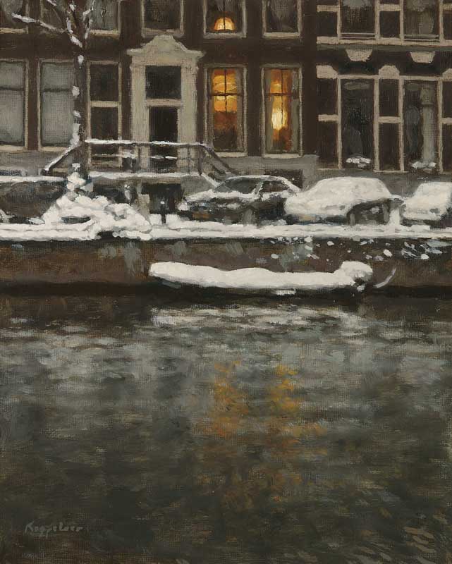 cityscape: 'Herengracht canal in Snow' oil on canvas by Dutch painter Frans Koppelaar.