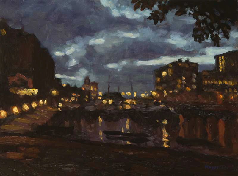 cityscape: 'Twilight at Westerdok, Amsterdam' oil on panel by Dutch painter Frans Koppelaar.