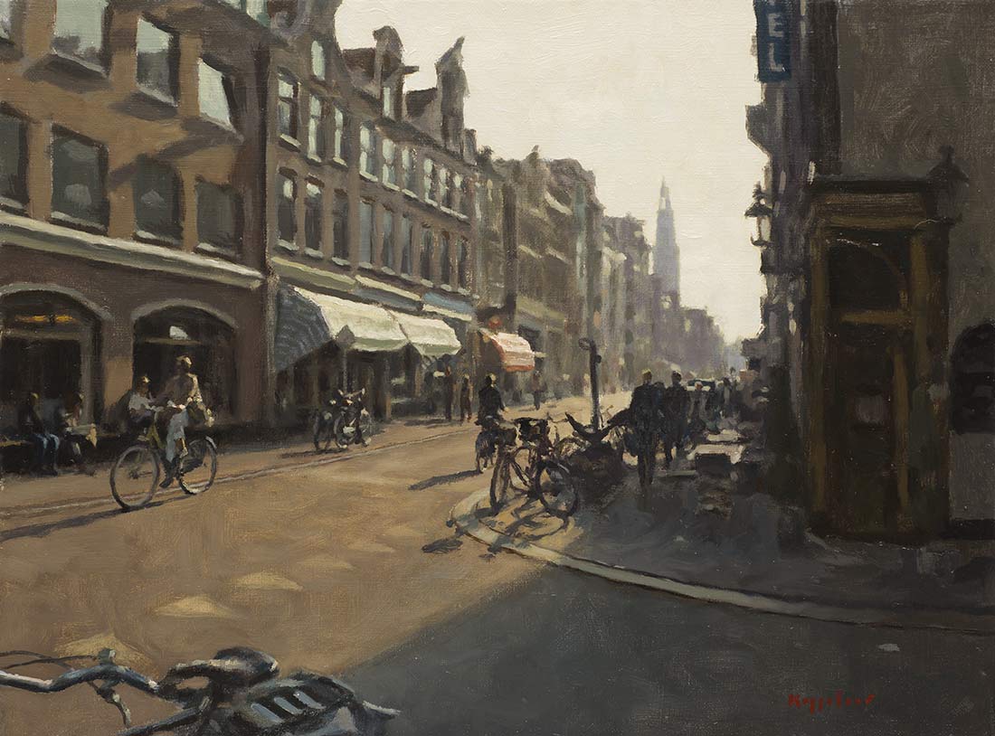 stadsgezicht: 'Haarlemmerdijk in de ochtend' olieverf op linnen door kunstschilder Frans Koppelaar.