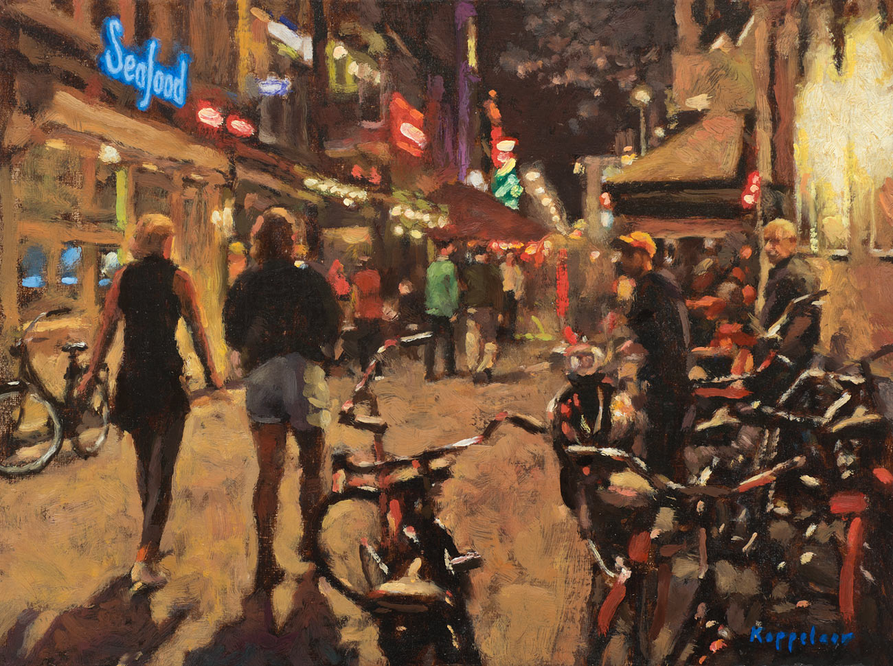 cityscape: 'Korte Leidsedwarsstraat by Night' oil on panel by Dutch painter Frans Koppelaar.
